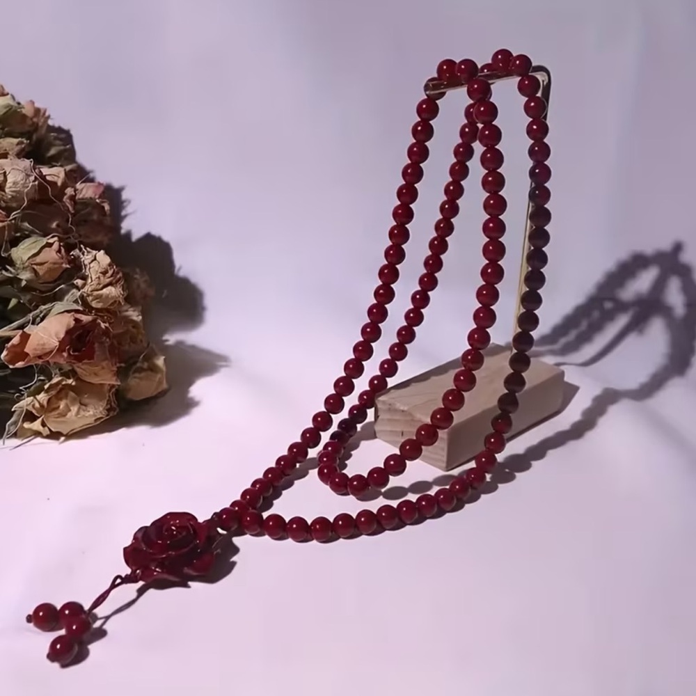 Elegant Red Beaded Necklace with Rose Charm - Picture 5 of 8